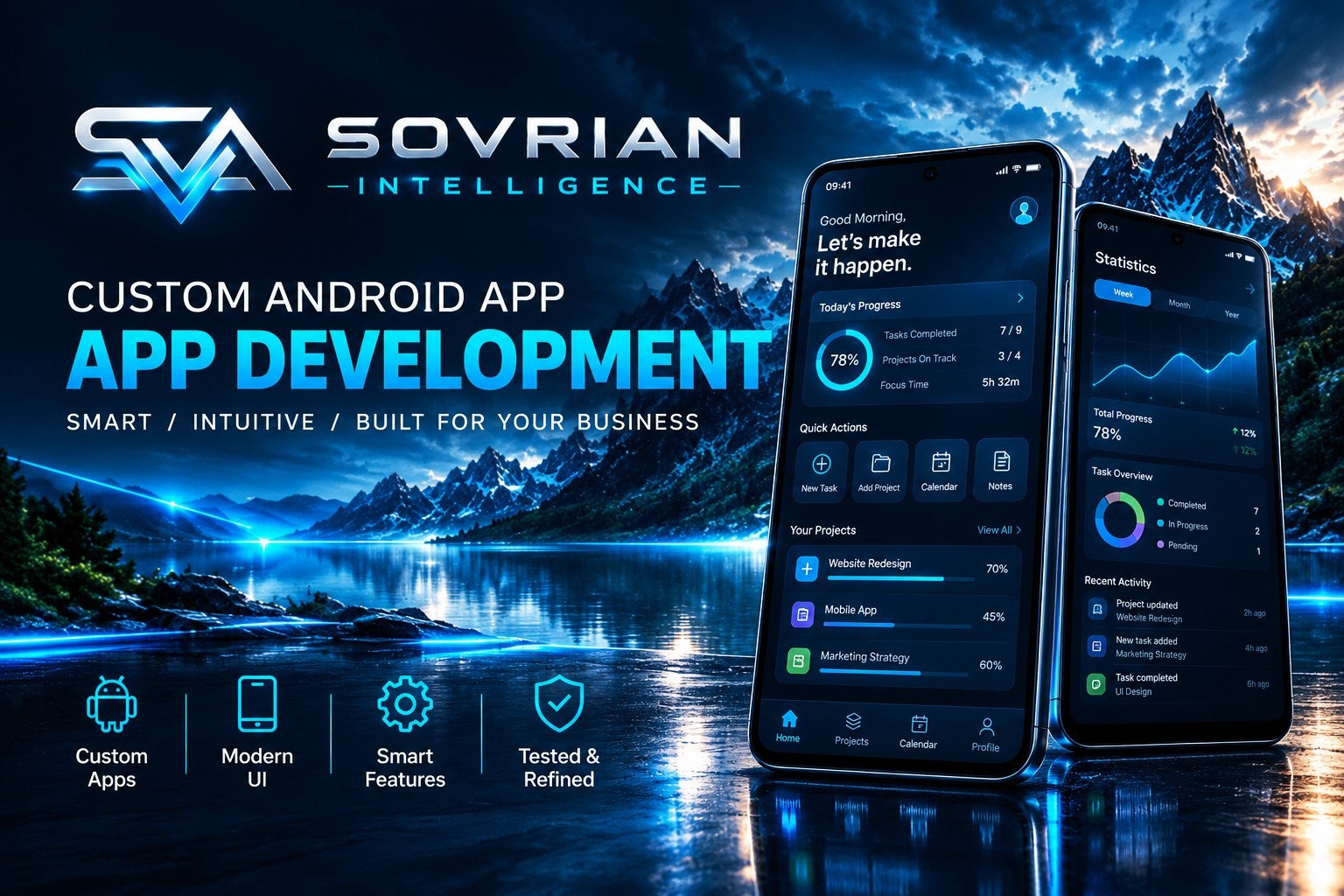 Custom Android app interfaces and dashboards displayed on smartphones