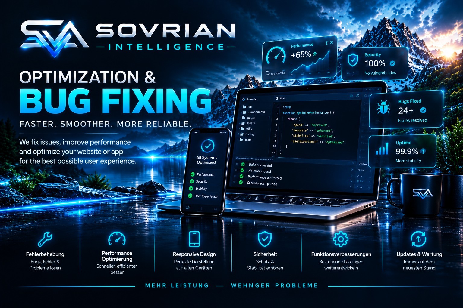 Optimization and bug fixing: code review, performance monitoring, security checks and responsive improvements