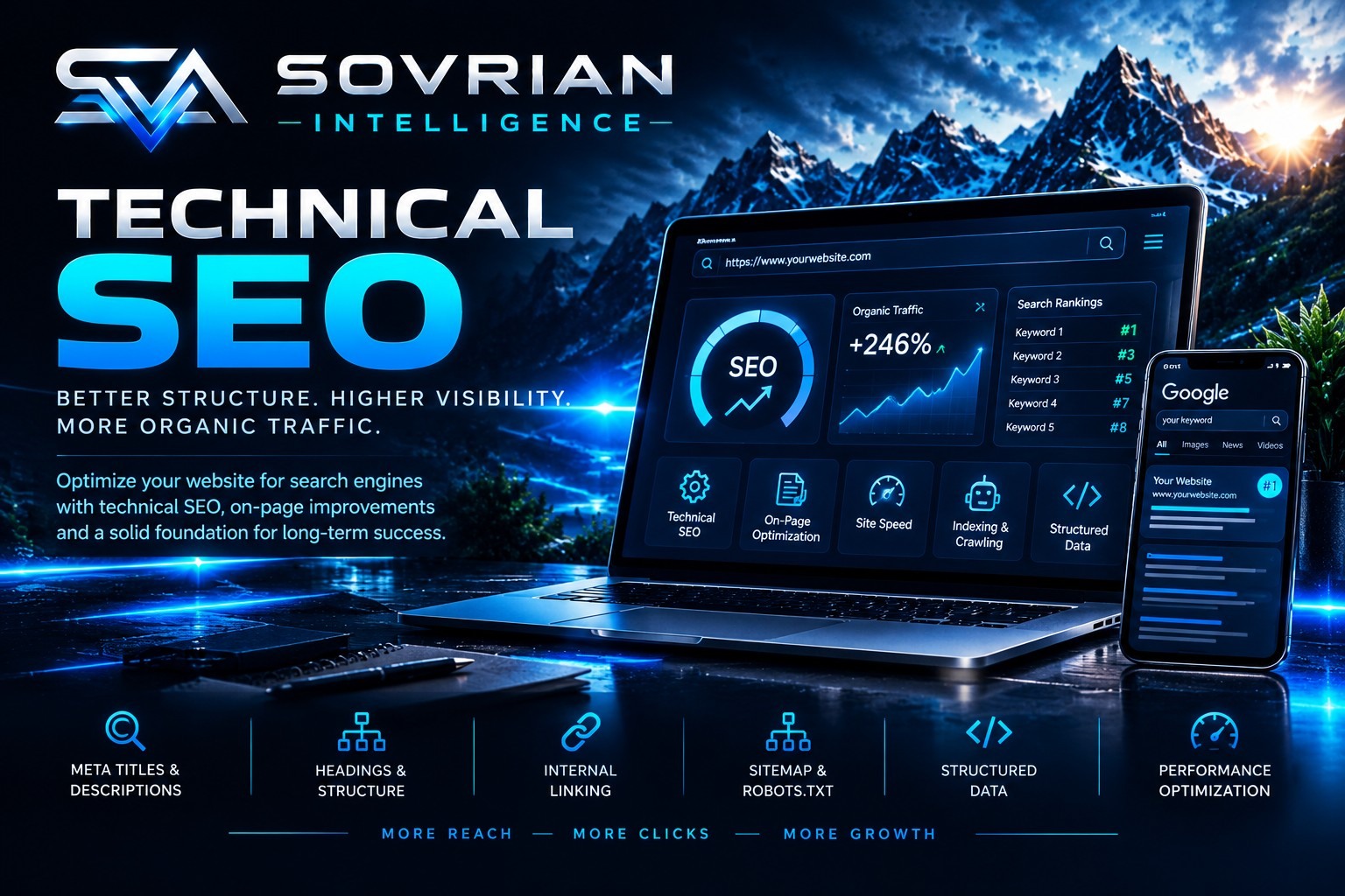 Technical SEO dashboard with search visibility, site structure and performance metrics