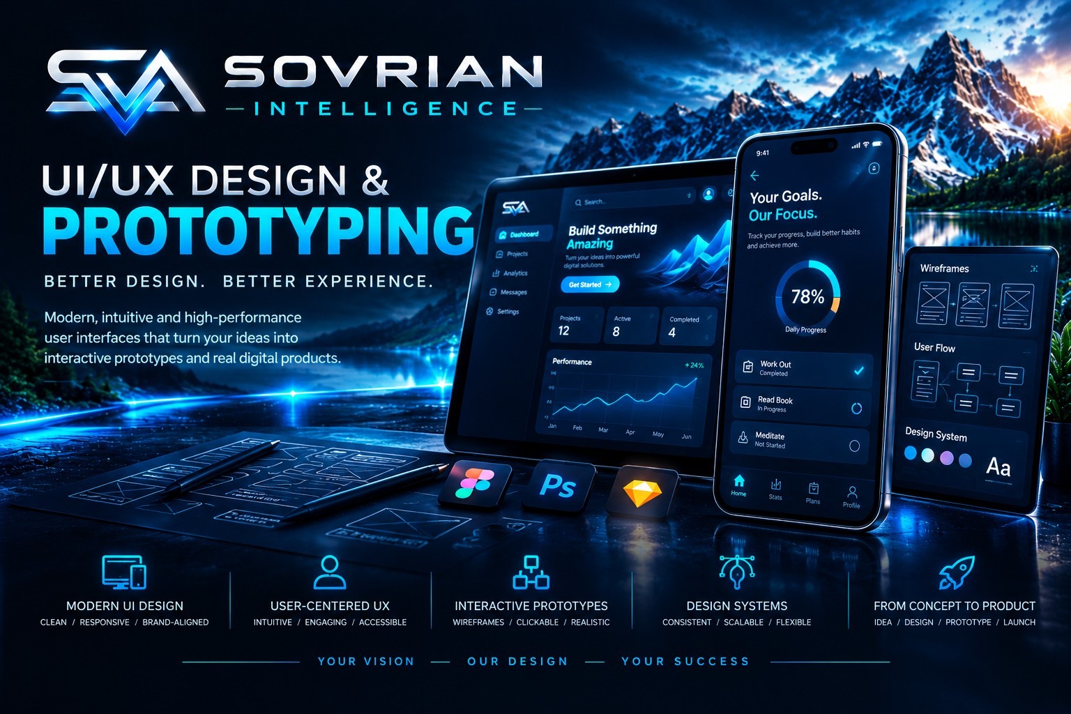 UI and UX design concepts, interactive prototypes and design systems