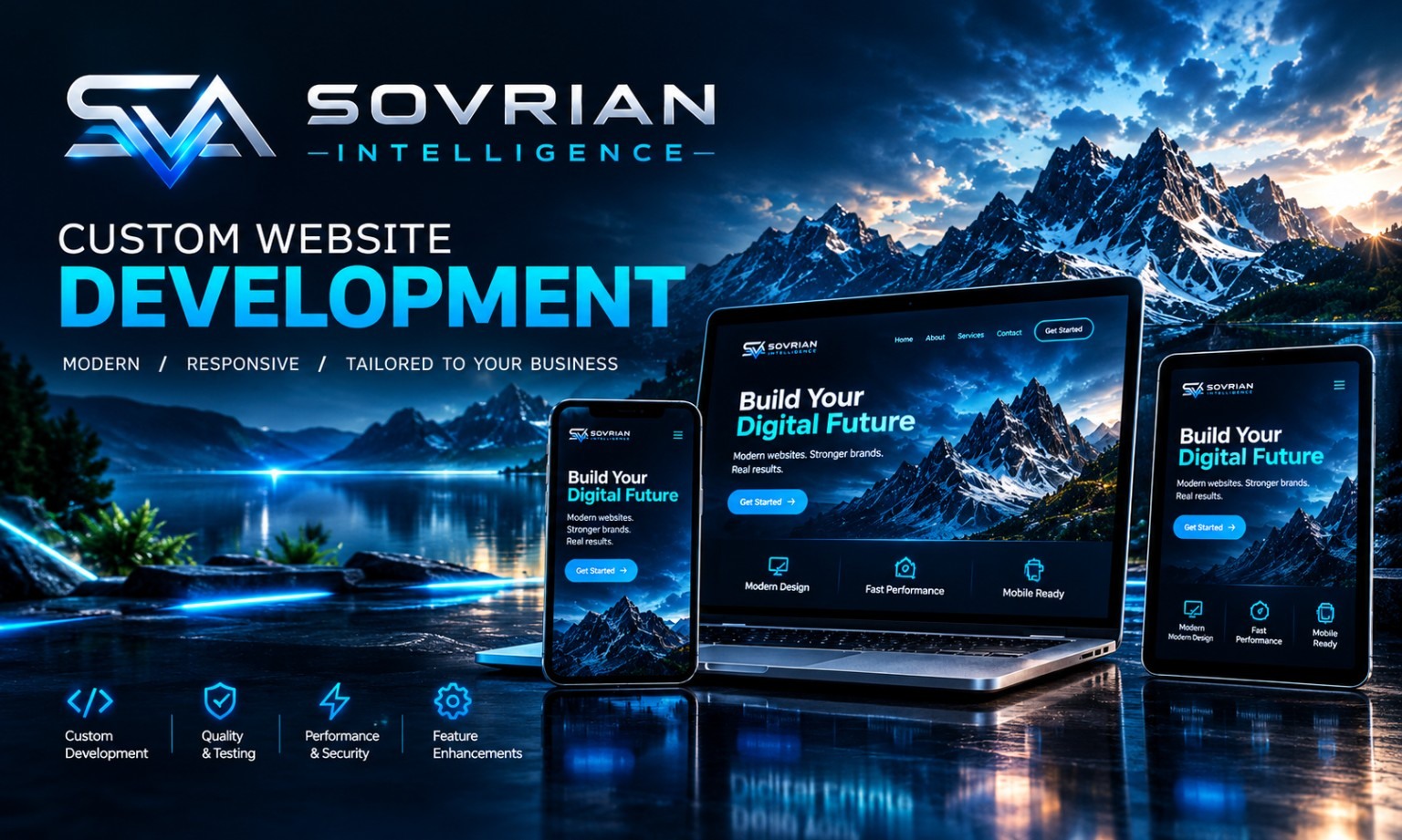 Custom website design shown across desktop and mobile screens